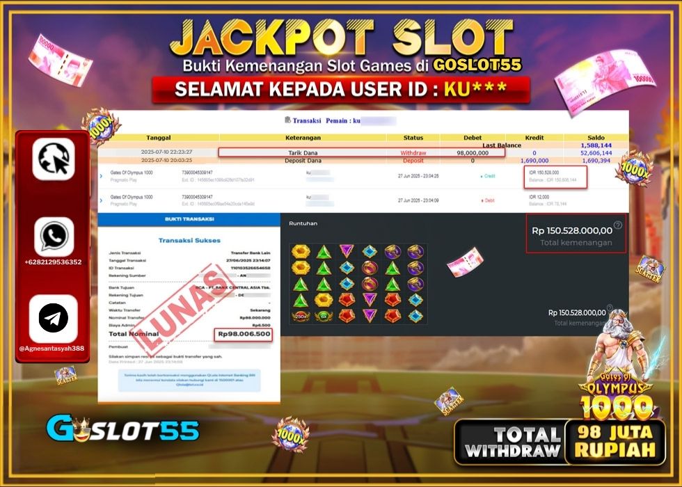 GOSLOT55 JACKPOT SLOT GATES OF OLYMPUSS 1000 Rp.98.000.000.,- LUNAS