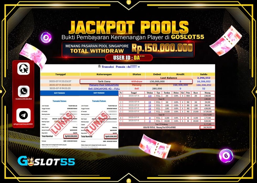 GOSLOT55 JACKPOT TOGEL POOL SINGAPORE Rp.150.000.000.,- LUNAS