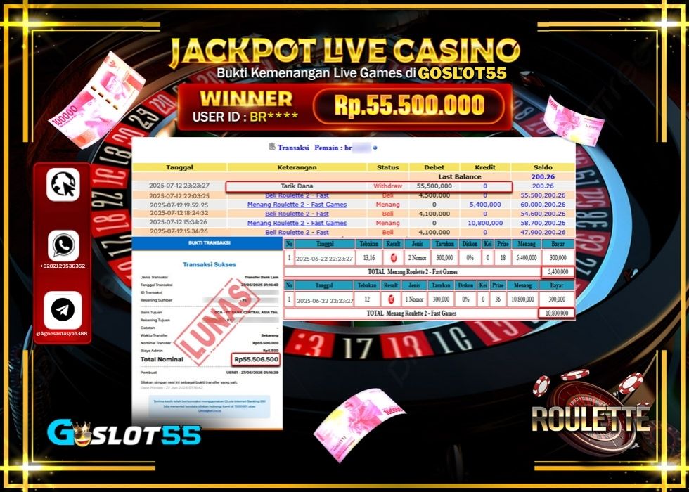 GOSLOT55 JACKPOT LIVE GAMES ROULETTE 2 GAMES Rp.55.500.000.,- LUNAS