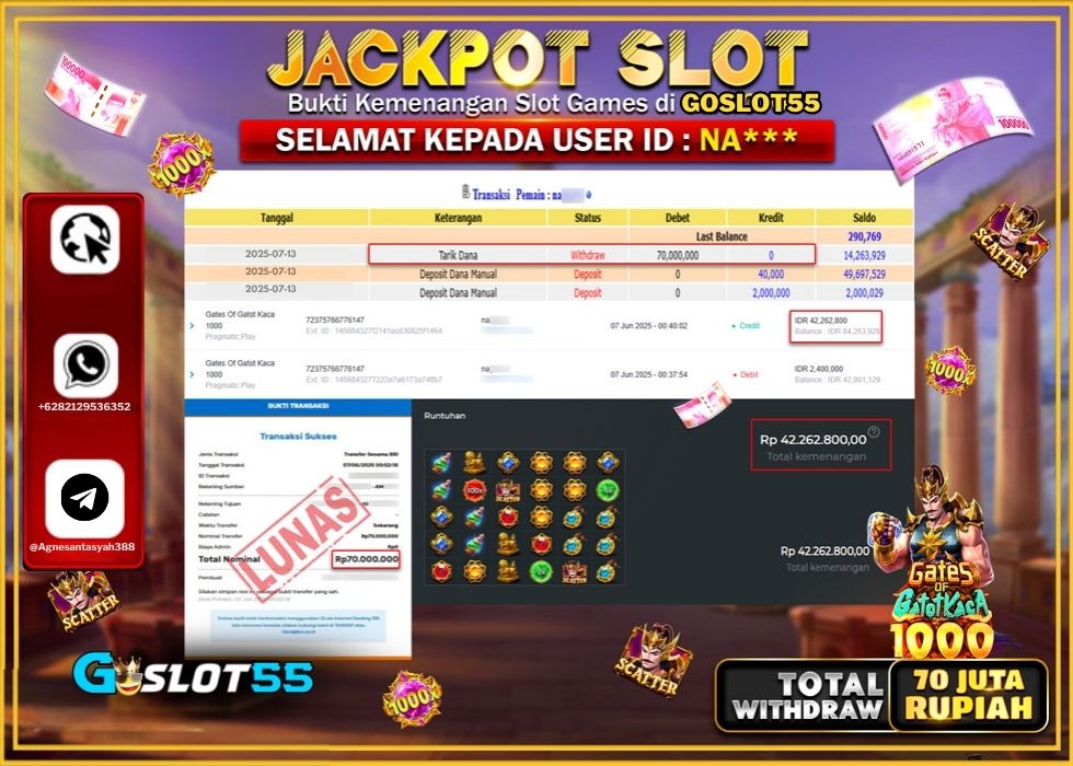 GOSLOT55 JACKPOT SLOT GATES OF GATOT KACA 1000 Rp.70.000.000.,- LUNAS