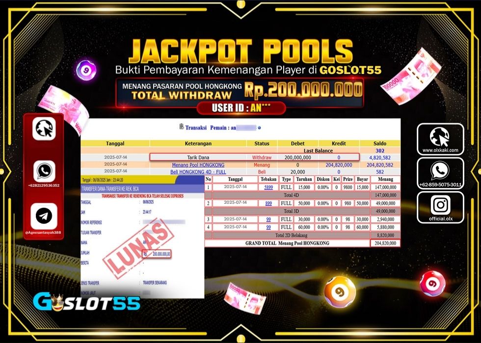 GOSLOT55 JACKPOT TOGEL PASARAN POOL HONGKONG Rp.200.000.000.,- LUNAS