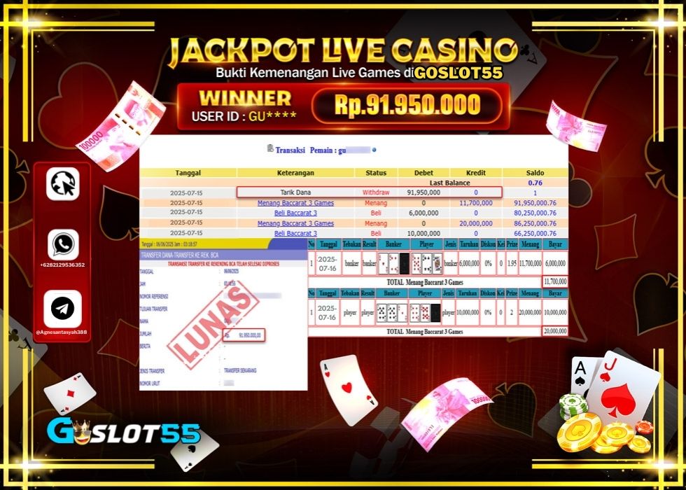 GOSLOT55 JACKPOT LIVE GAMES BACCARAT 3 GAMES Rp.91.950.000.,- LUNAS