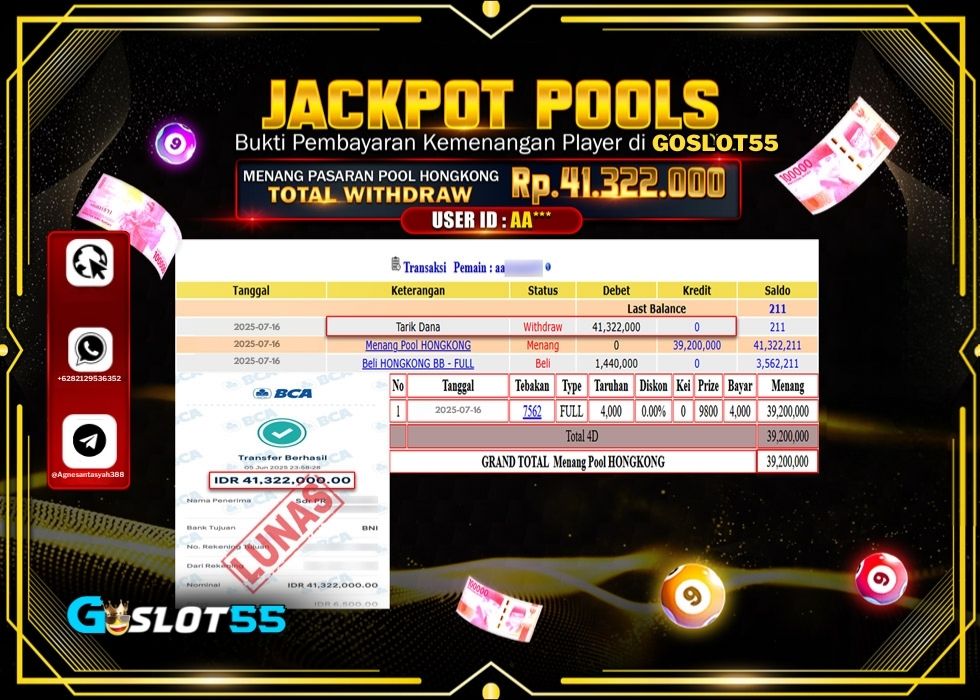 GOSLOT55 JACKPOT TOGEL PASARAN POOL HONGKONG Rp.41.322.000.,- LUNAS