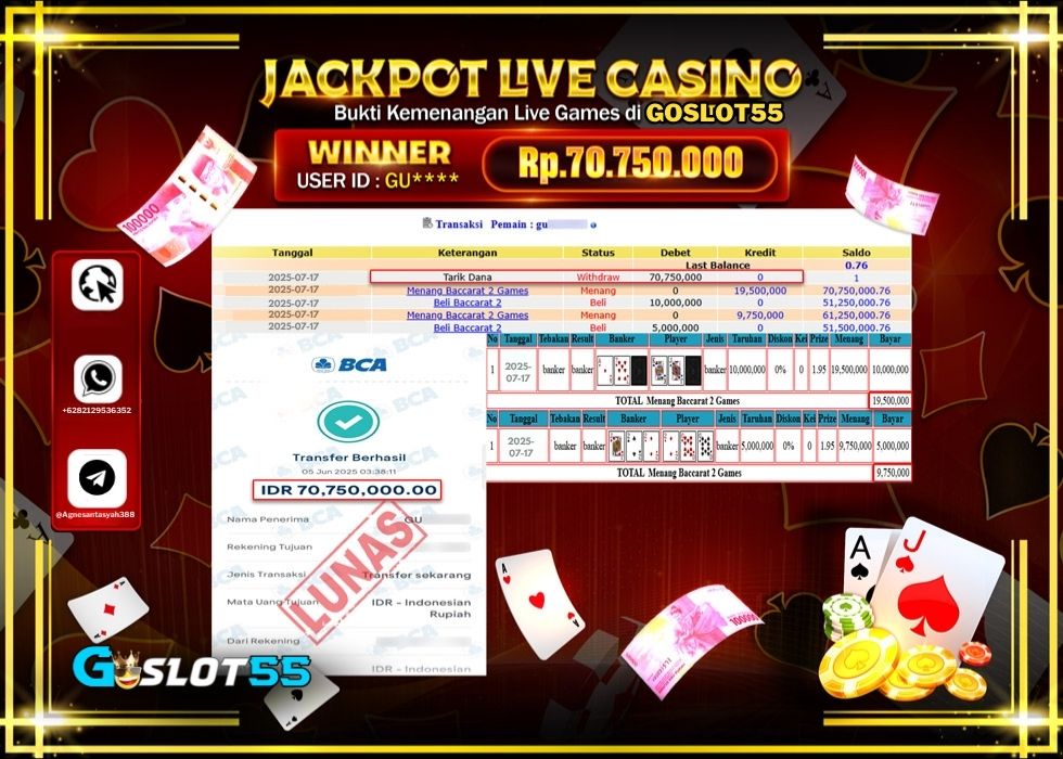 GOSLOT55 JACKPOT LIVE GAMES BACCARAT 2 GAMES Rp.70.750.000.,- LUNAS