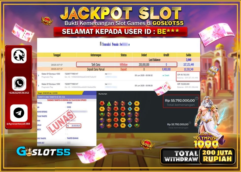 GOSLOT55 JACKPOT SLOT GATES OF OLYMPUS 1000 Rp.200.000.000.,- LUNAS