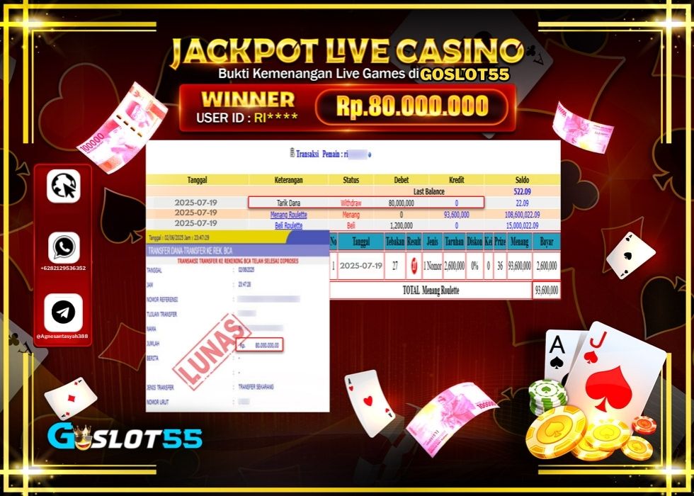 GOSLOT55 JACKPOT LIVE GAMES ROULETTE GAMES Rp.80.000.000.,- LUNAS