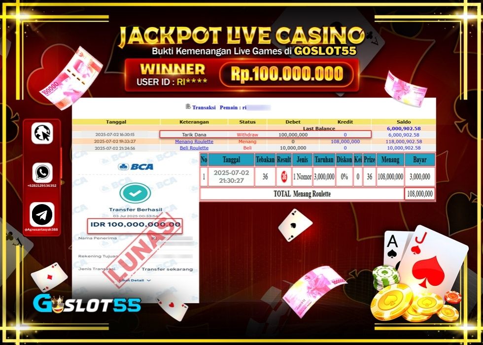 GOSLOT55 JACKPOT LIVE GAMES ROULETTE Rp.100.000.000.,- LUNAS