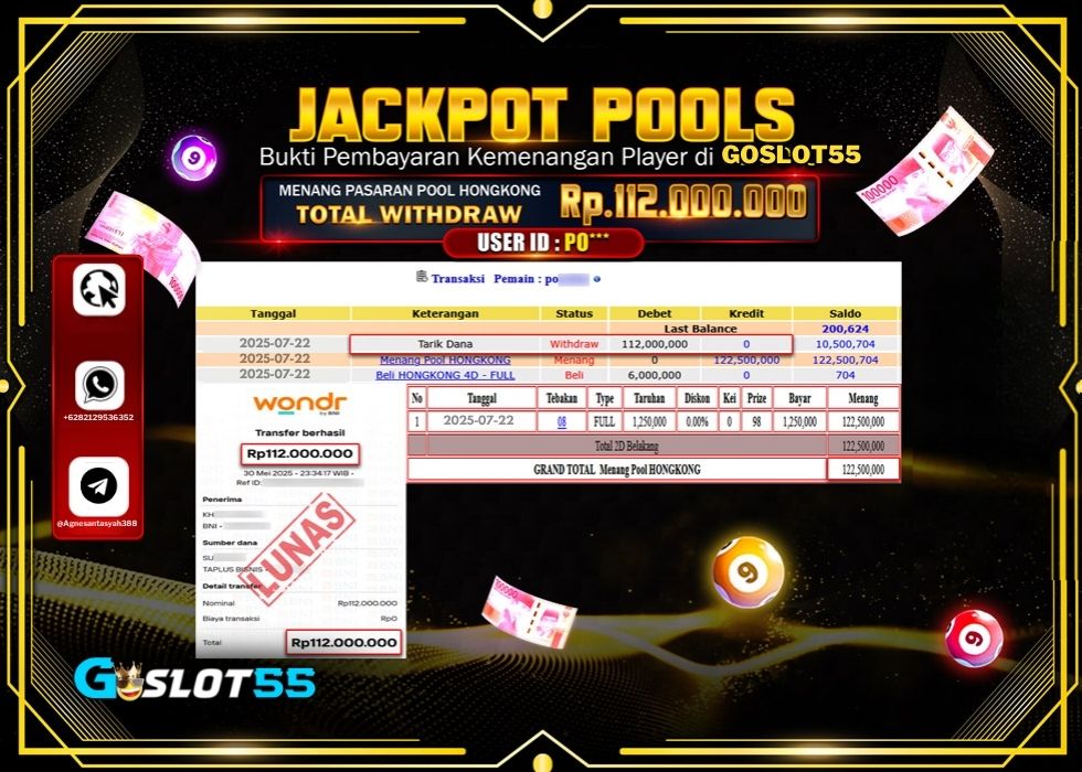 GOSLOT55 JACKPOT TOGEL PASARAN POOL HONGKONG Rp.112.000.000.,- LUNAS