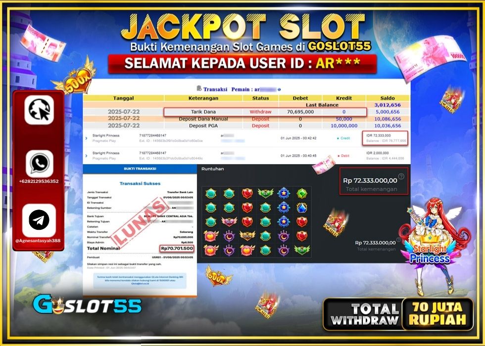 GOSLOT55 JACKPOT SLOT STARLIGHT PRINCESS Rp.70.695.000.,- LUNAS
