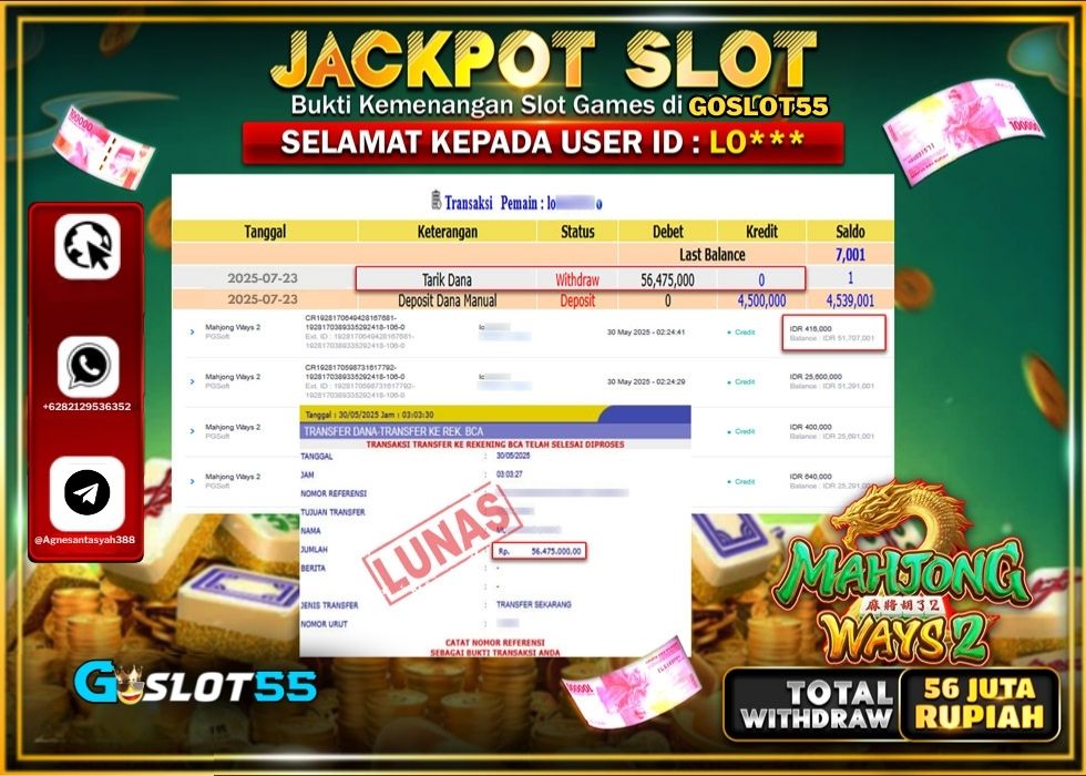 GOSLOT55 JACKPOT SLOT MAHJONG WAYS 2 Rp.56.475.000.,- LUNAS