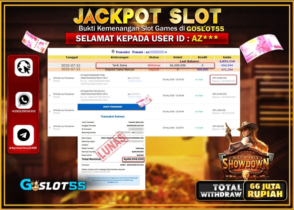 GOSLOT55 JACKPOT SLOT WILD BOUTY SHOWDOWN Rp.66.000.000 .,- LUNAS