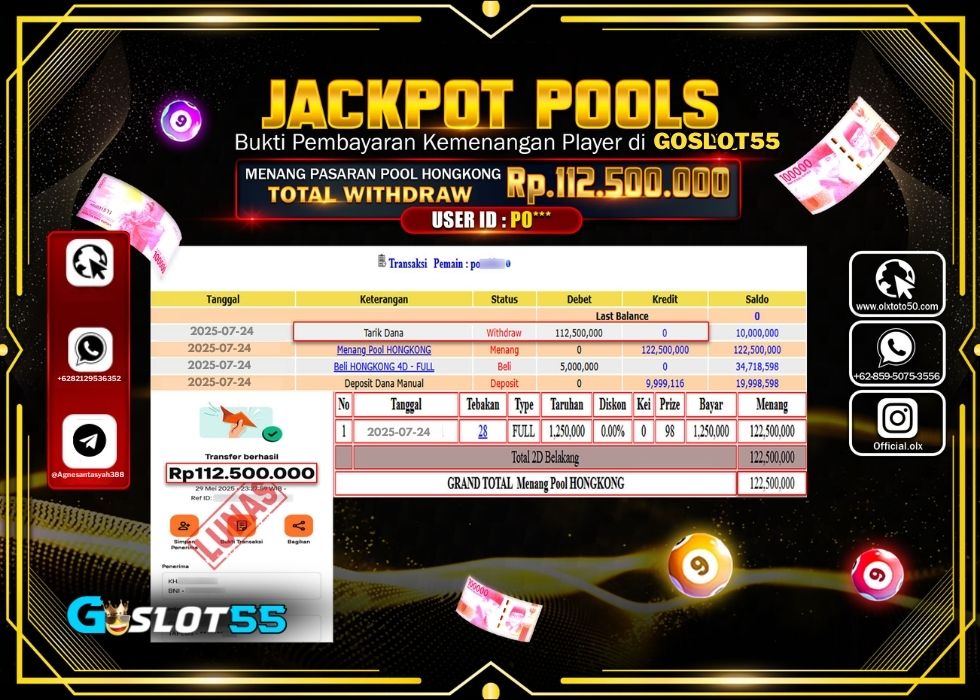 GOSLOT55 JACKPOT TOGEL PASARAN POOL HONGKONG Rp.112.500.000.,- LUNAS