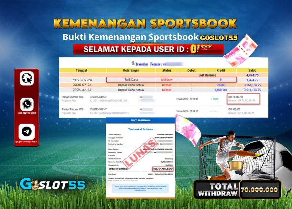 GOSLOT55 KEMENANGAN SPORTSBOOK Rp.70.000.000.,- LUNAS