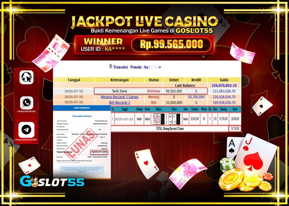 GOSLOT55 JACKPOT LIVE GAMES BACCARAT 2 GAME Rp.99.565.000.,- LUNAS