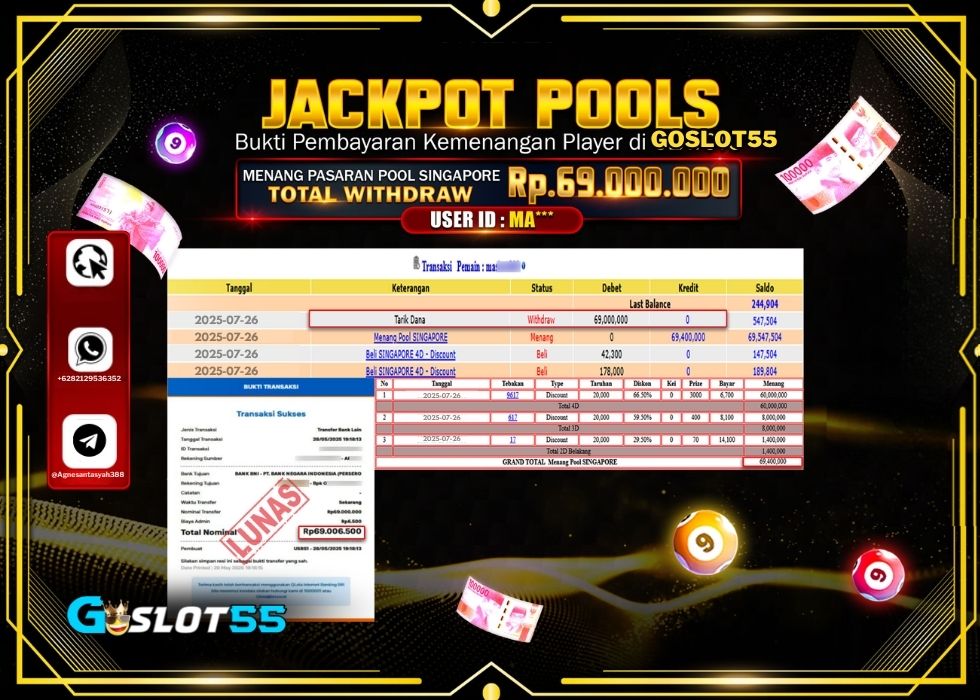 GOSLOT55 JACKPOT TOGEL PASARAN POOL SINGAPORE Rp.69.000.000.,- LUNAS