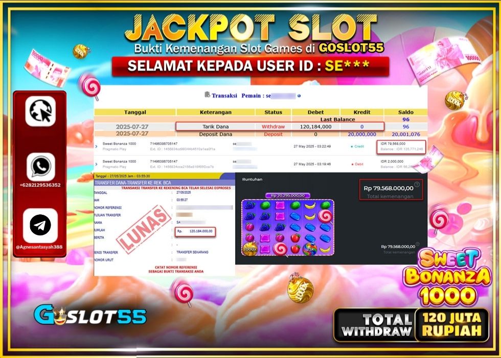 GOSLOT55 JACKPOT SLOT PRAMATIC BONANZA 1000 Rp.120.184.000.,- LUNAS
