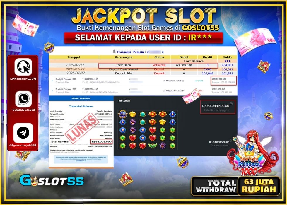 GOSLOT55 JACKPOT SLOT PRAMATIC STARLIGHT PRINCES 1000 Rp.63.000.000.,- LUNAS