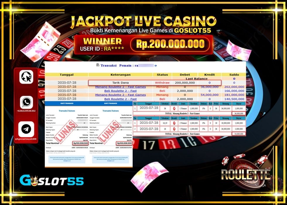 GOSLOT55 JACKPOT LIVE GAMES ROULETTE Rp.200.000.000.,- LUNAS