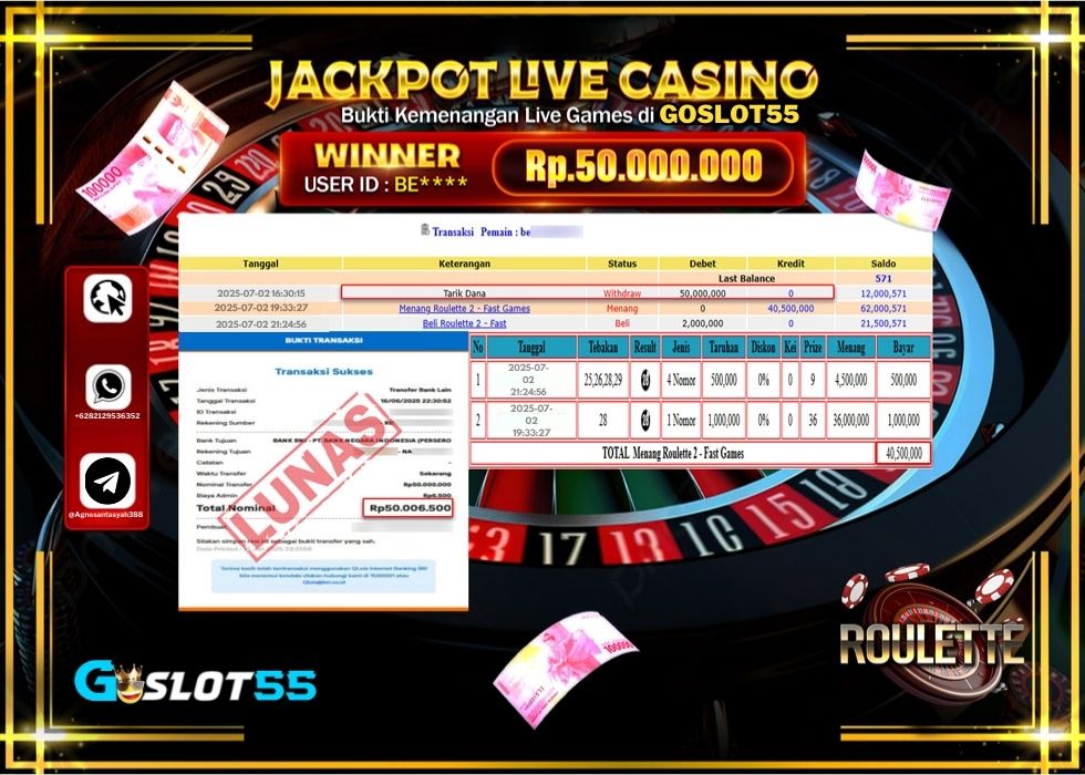 GOSLOT55 JACKPOT LIVE GAMES ROULETE 2 - FAST GAMES Rp.50.000.000.,- LUNAS