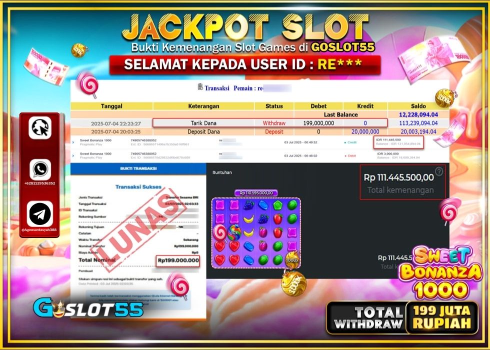 GOSLOT55 JACKPOT SLOT SWEET BONANZA 1000 Rp.199.000.000.,- LUNAS