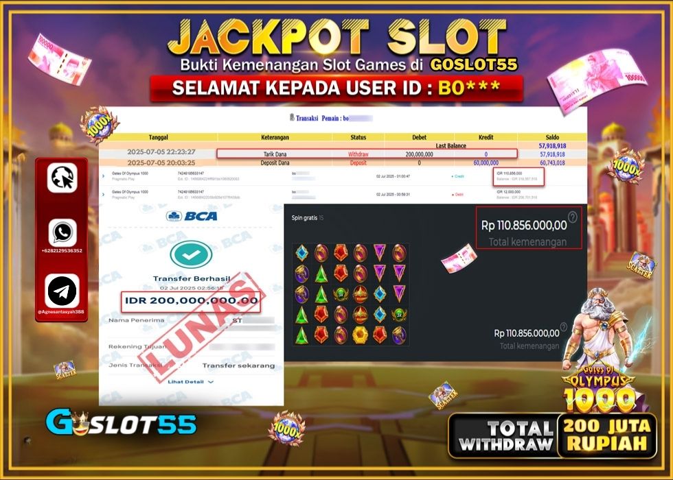GOSLOT55 JACKPOT SLOT GATES OF OLYMPUSS 1000 Rp.200.000.000.,- LUNAS