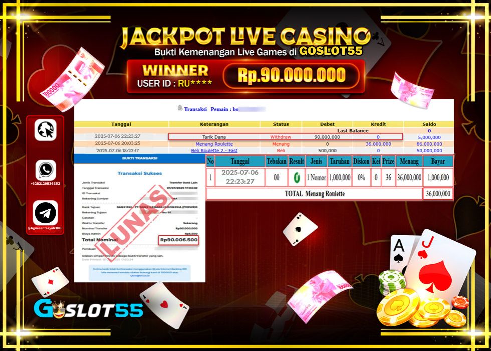 GOSLOT55 JACKPOT LIVE GAMES ROULETTE 2 - FAST GAMES Rp.90.000.000.,- LUNAS