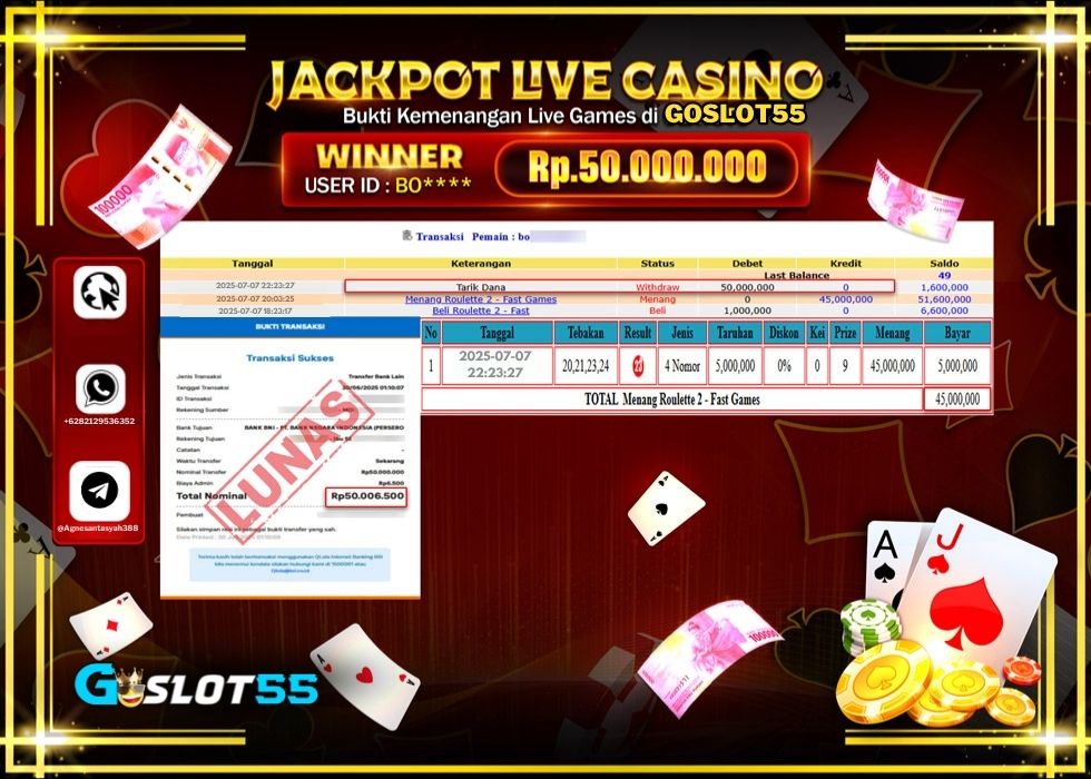 GOSLOT55 JACKPOT LIVE GAMES ROULETTE 2 - FAST GAMES Rp.50.000.000.,- LUNAS