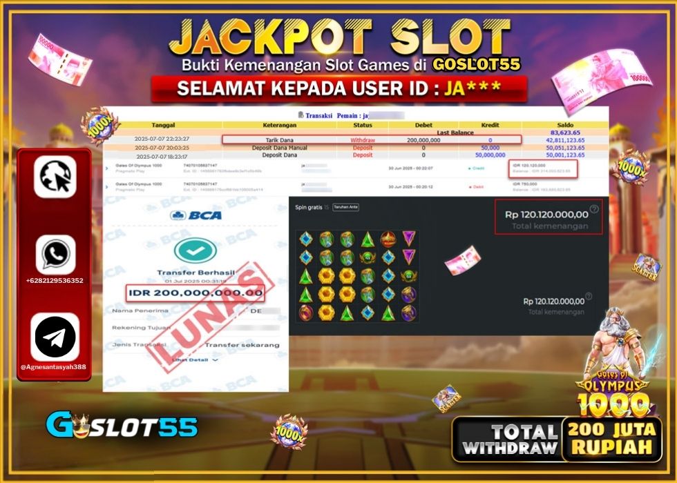GOSLOT55 JACKPOT SLOT GATES OF OLYMPUSS 1000 Rp.200.000.000.,- LUNAS