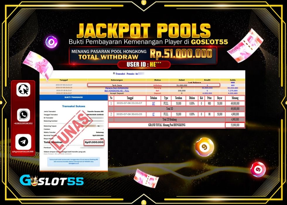 GOSLOT55 JACKPOT TOGEL POOL HONGKONG Rp.51.000.000.,- LUNAS