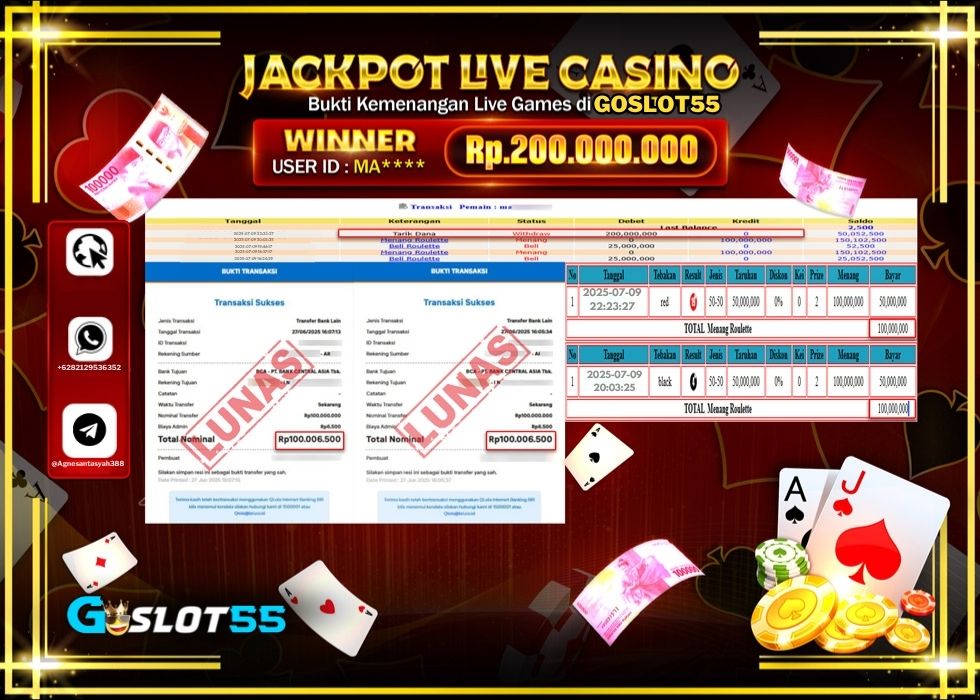 GOSLOT55 JACKPOT LIVE GAMES ROULETTE GAMES Rp.200.000.000.,- LUNAS
